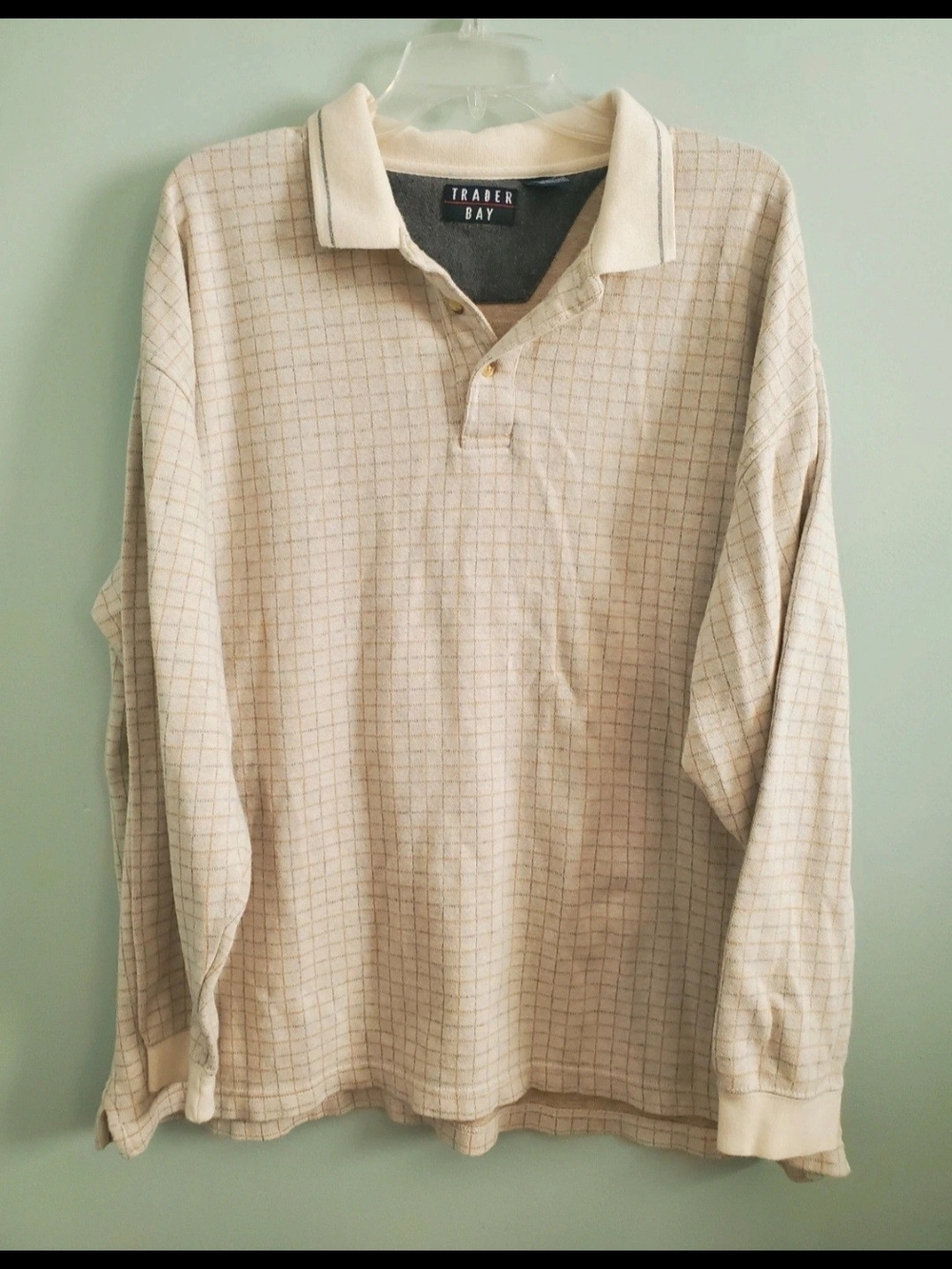 Trader Bay Men's Beige Grid Long-Sleeve Polo